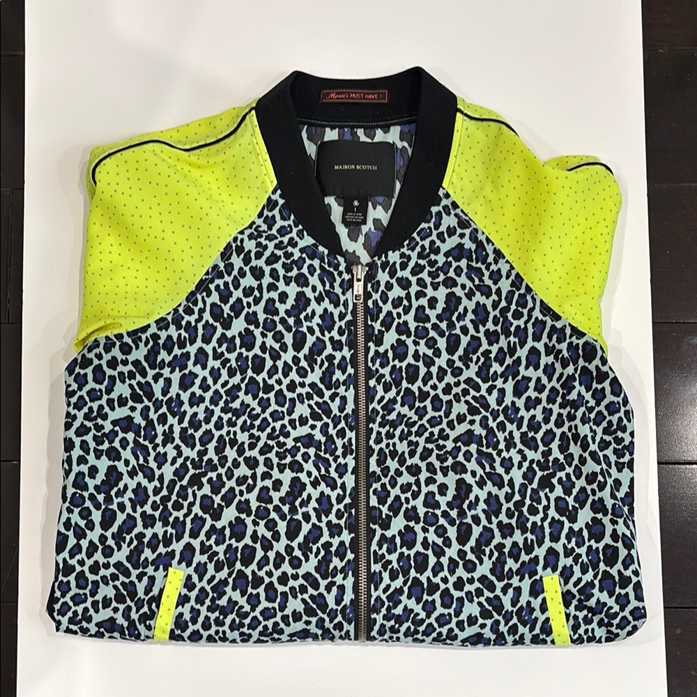 💕Gently💕Scotch & Soda Neon Yellow Sleeve and Blue Leopard Print Zip Up Jacket